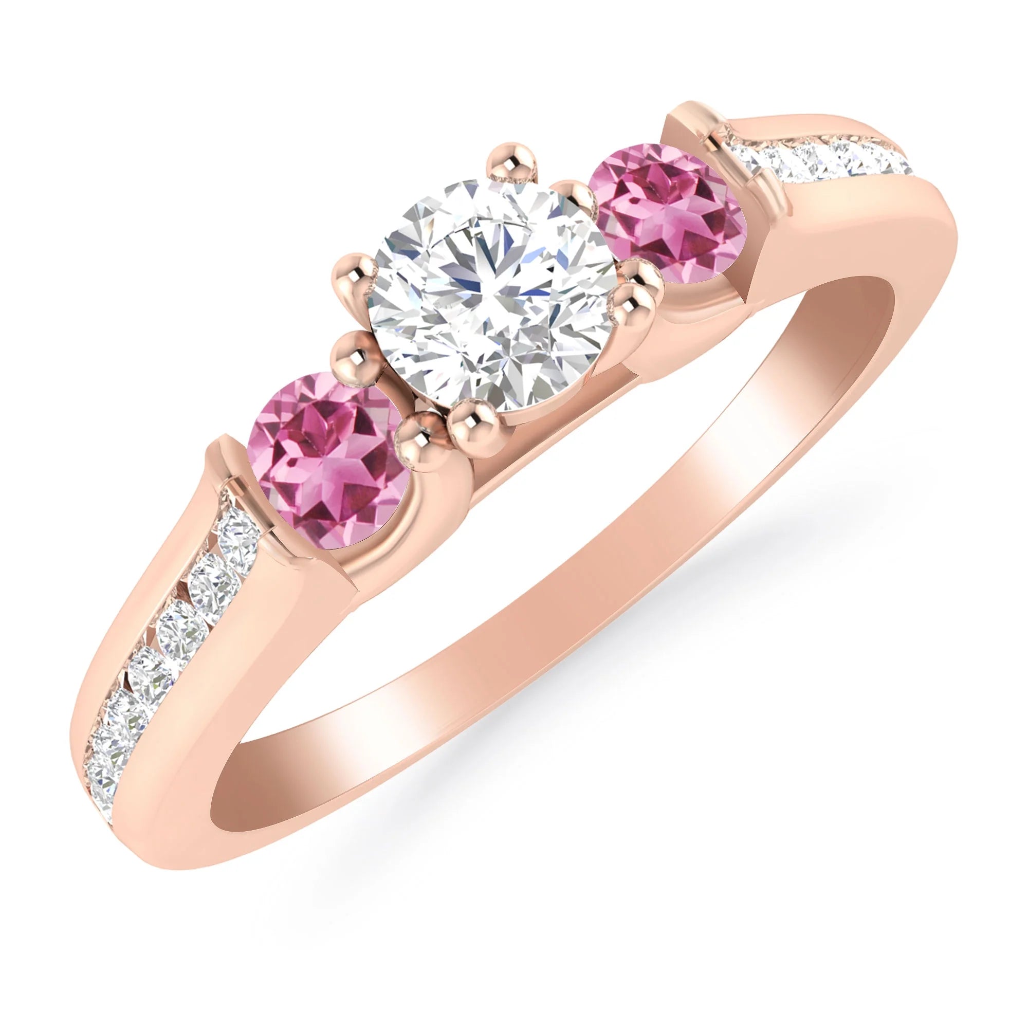 1/2 Carat 10K Rose Gold Diamond and Pink Tourmaline 3 Stone Engagement Ring A55138