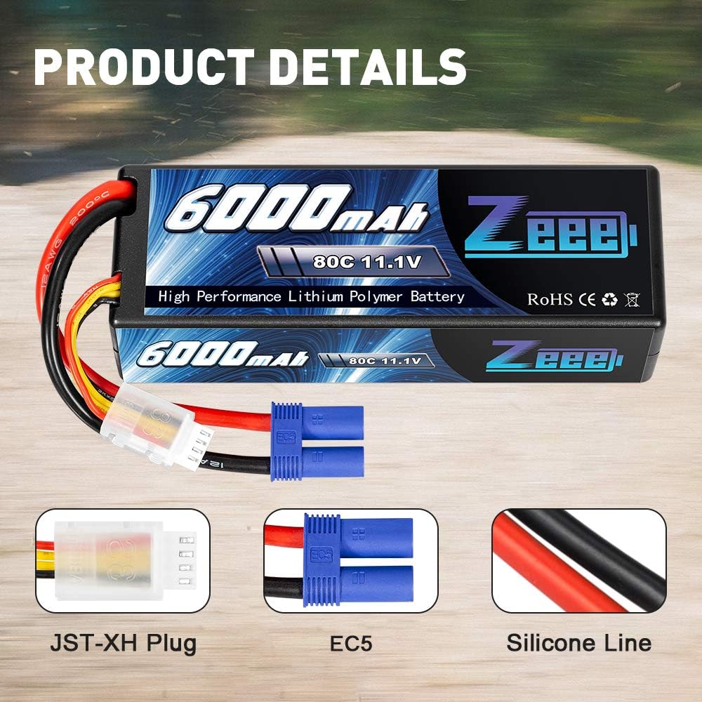 11.1V 80C 3S 6000mAh Lipo Battery Hard Case with EC5 Connector (2 Pack) T873503