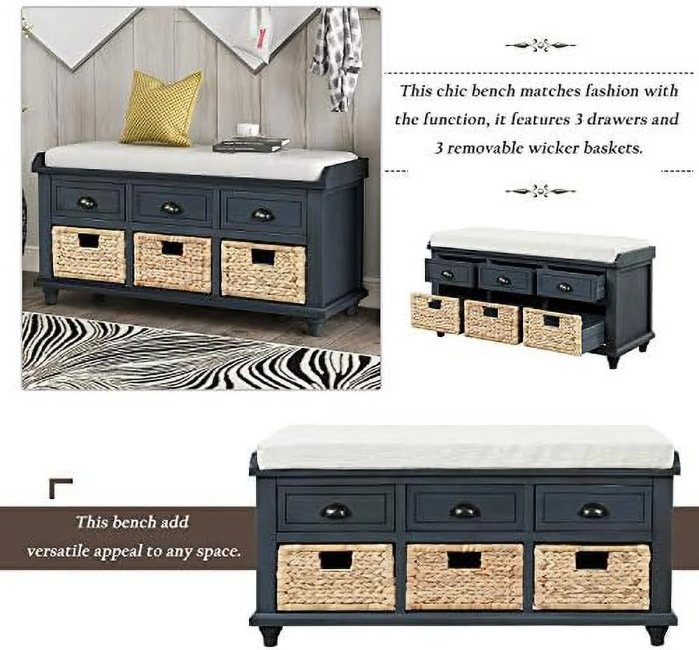 Rustic Bench with 3 Drawers and 3 Rattan Baskets Shoe Bench with Removable Cushion (White) C740