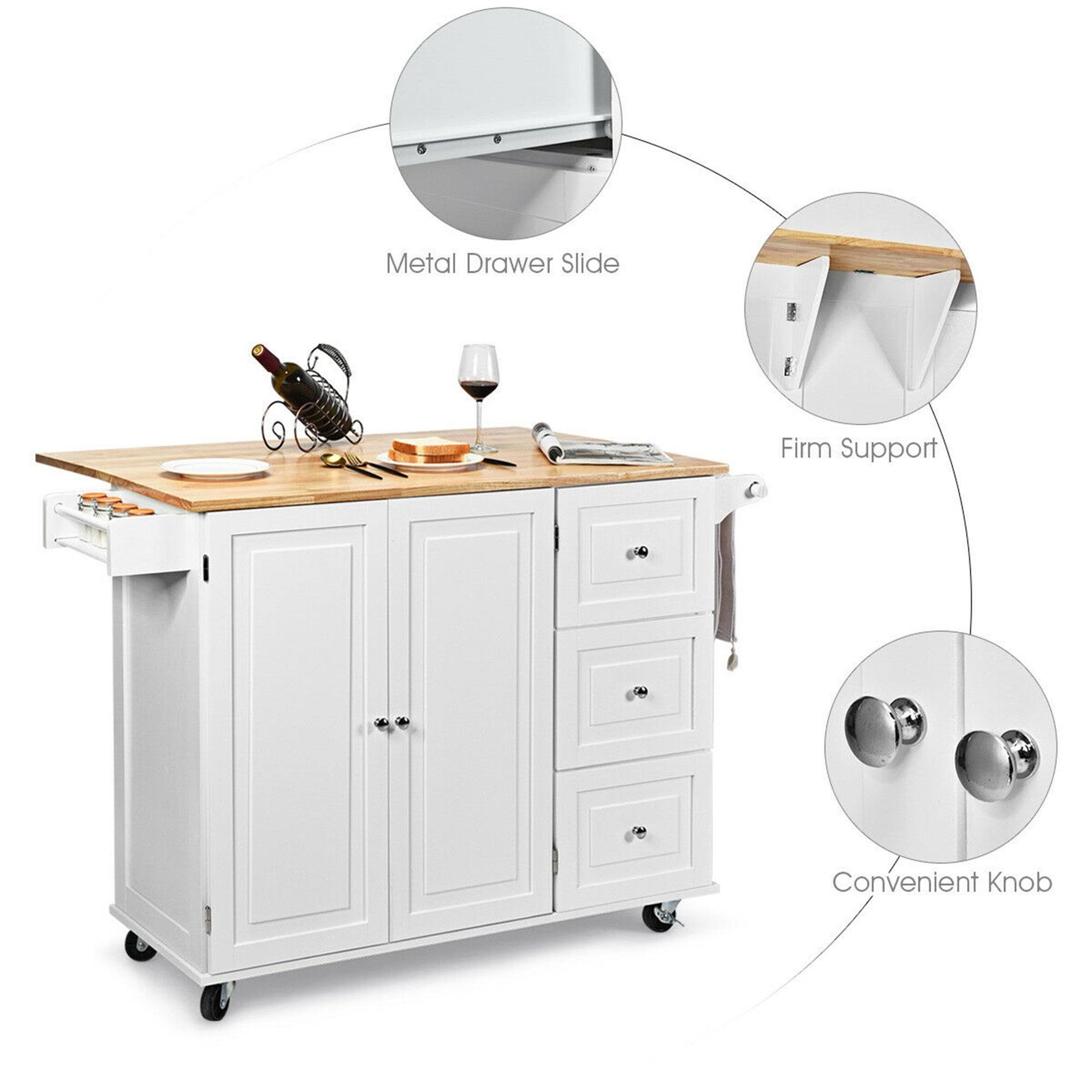 White Drop-Leaf Kitchen Island Trolley Cart Wood Storage Cabinet Q84819
