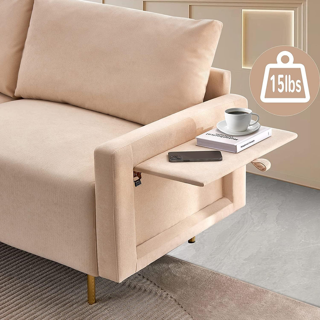 Beige Fabric Loveseat Couch with Removable Tray and Adjustable Metal Legs F620
