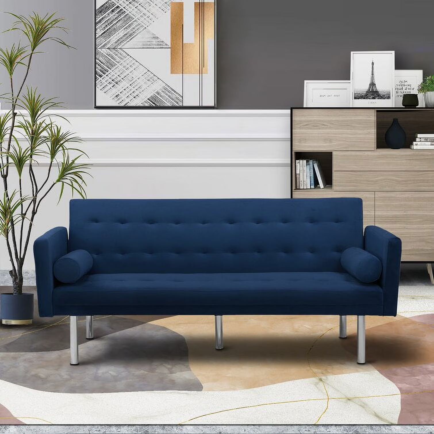 Blue Velvet Tufted Futon Sofa with 2 Pillows K826
