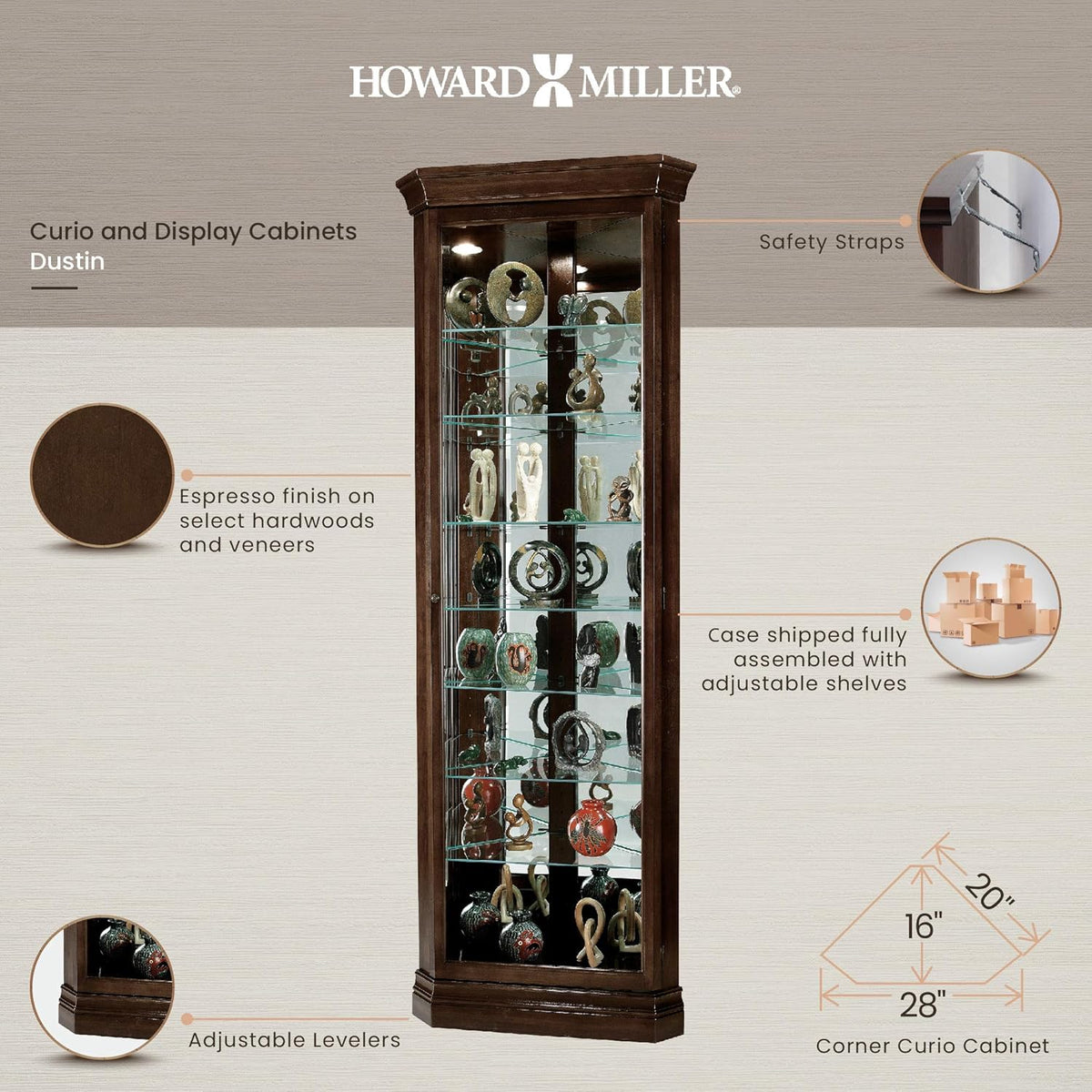 Espresso Curio Cabinet with Seven Glass Shelves and Locking Door K495638