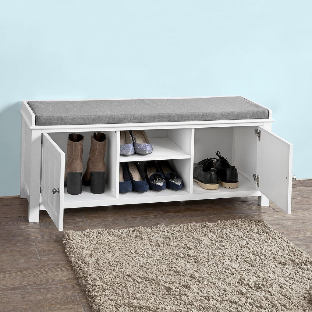 White Shoe Storage Bench with 2 Doors and Removable Seat Cushion B584243