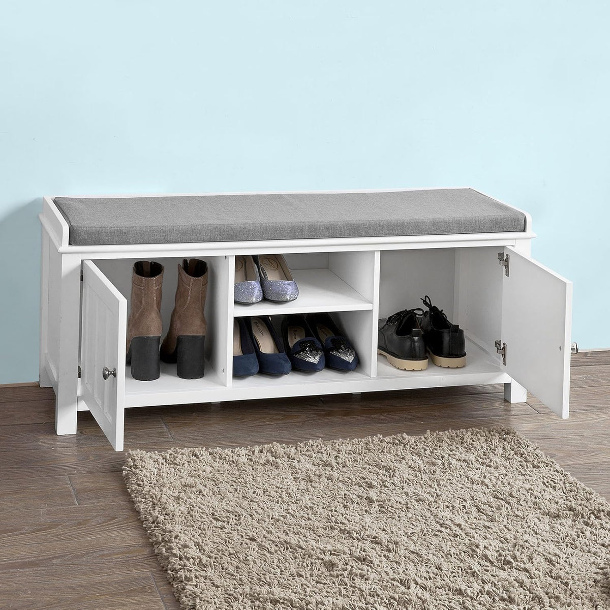 White Shoe Storage Bench with 2 Doors and Removable Seat Cushion B584243
