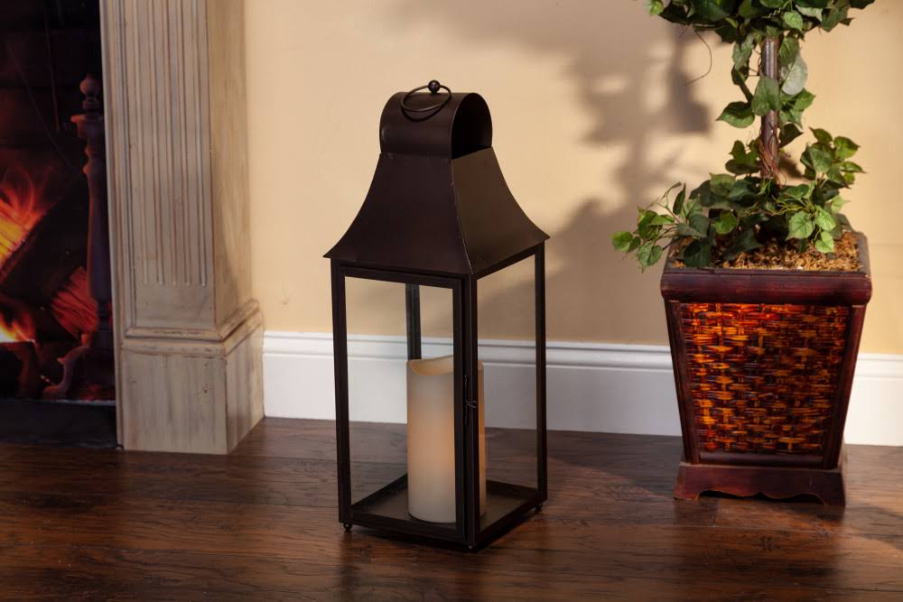 Bronze Brown Metal Lantern with Glass Panes O724344