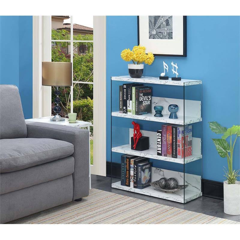 White Faux Marble Wood Four-Tier Wide Bookcase N7063