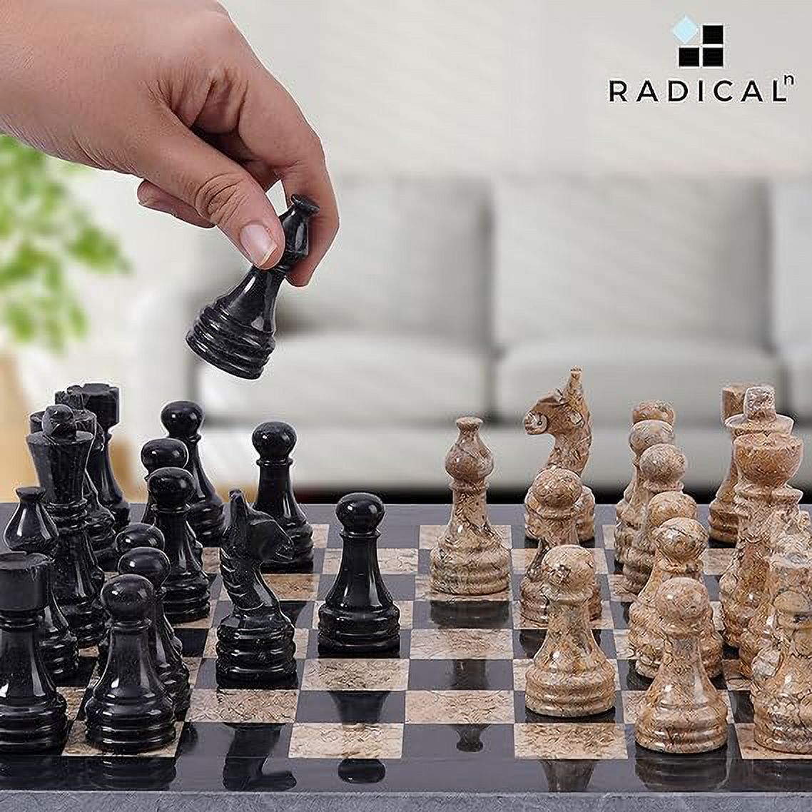 Marble Chess Set 12 Inches Black and Coral Handmade 1 Chess Board & 32 Chess Pieces S9382