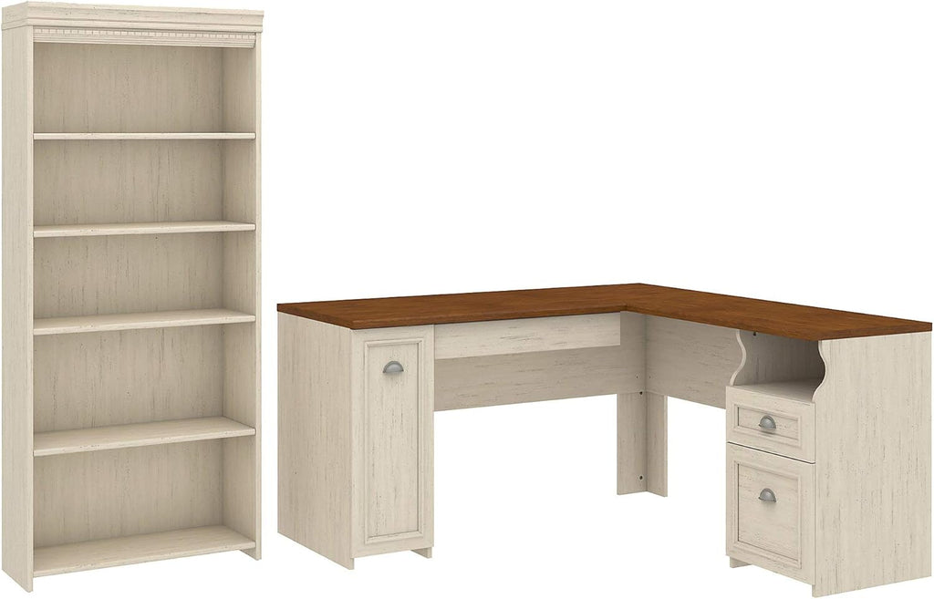 Antique White L Shaped Desk and 5 Shelf Bookcase A1615