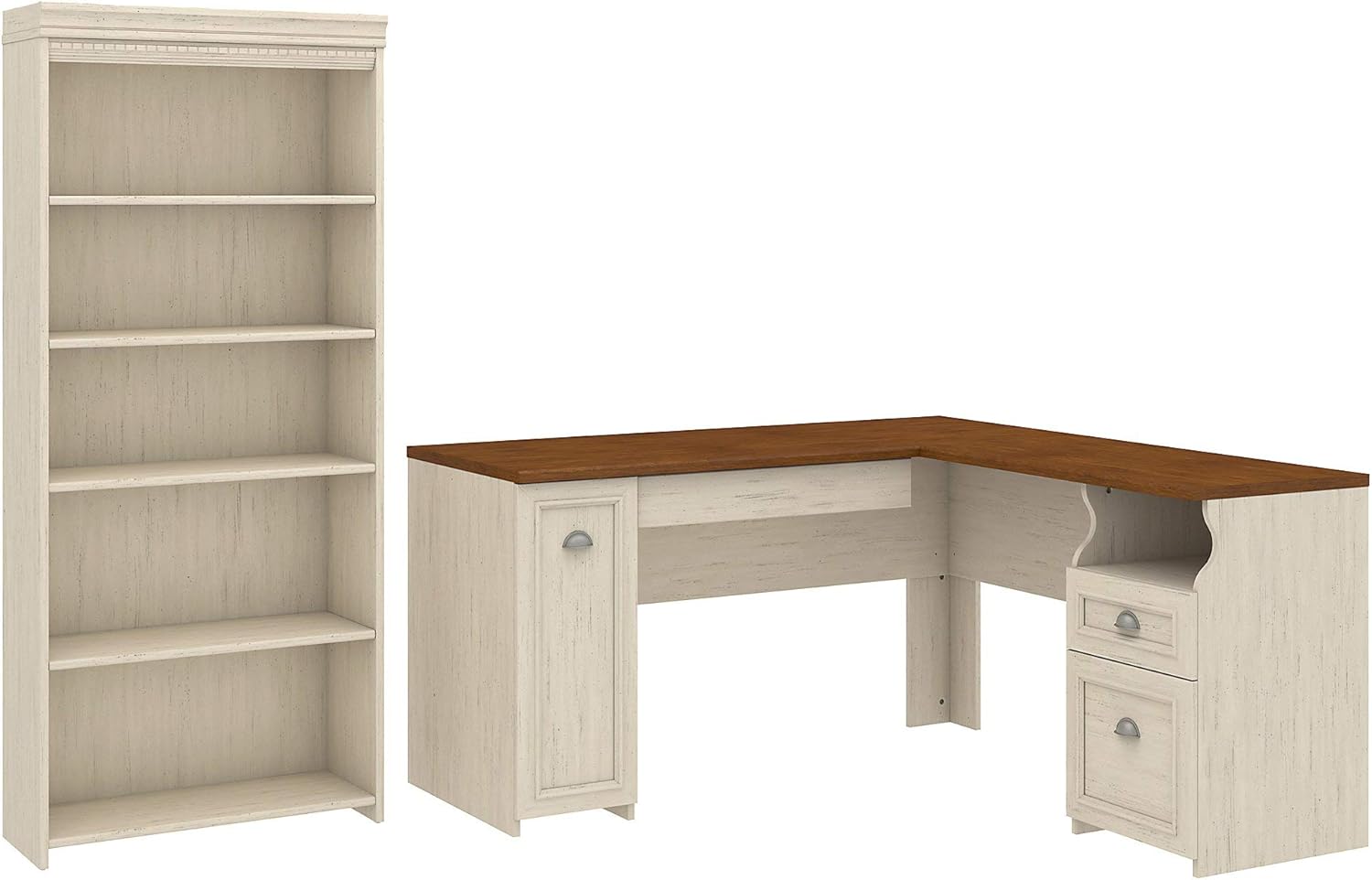 Antique White L Shaped Desk and 5 Shelf Bookcase A1615