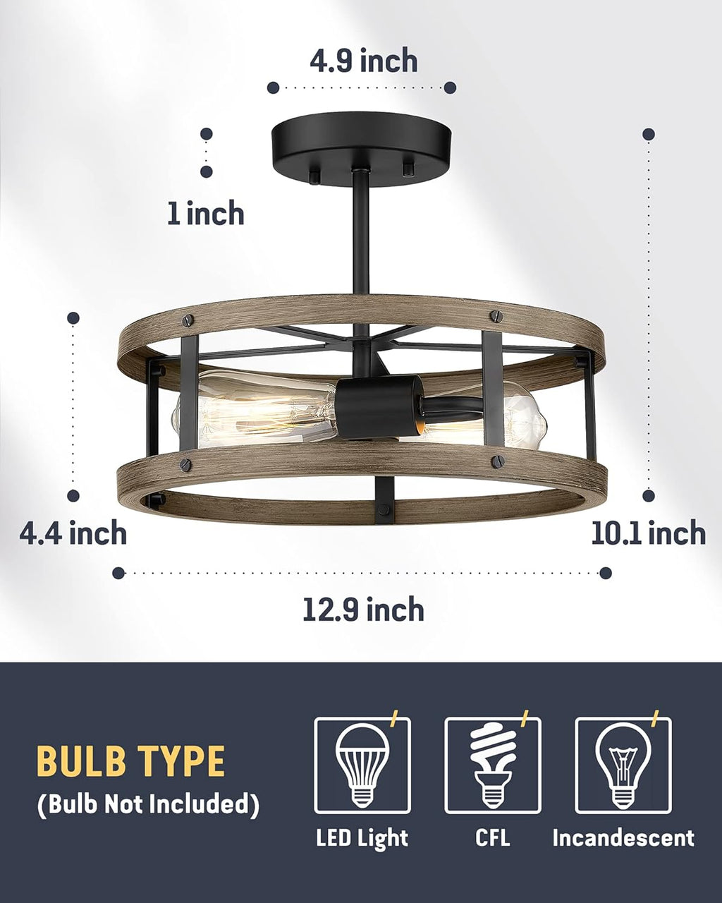 Farmhouse Semi Flush Mount Ceiling Lighting, 2-Light Industrial Metal Cage Ceiling Light, 12.9 inches, Wood and Matte Black Finish K247