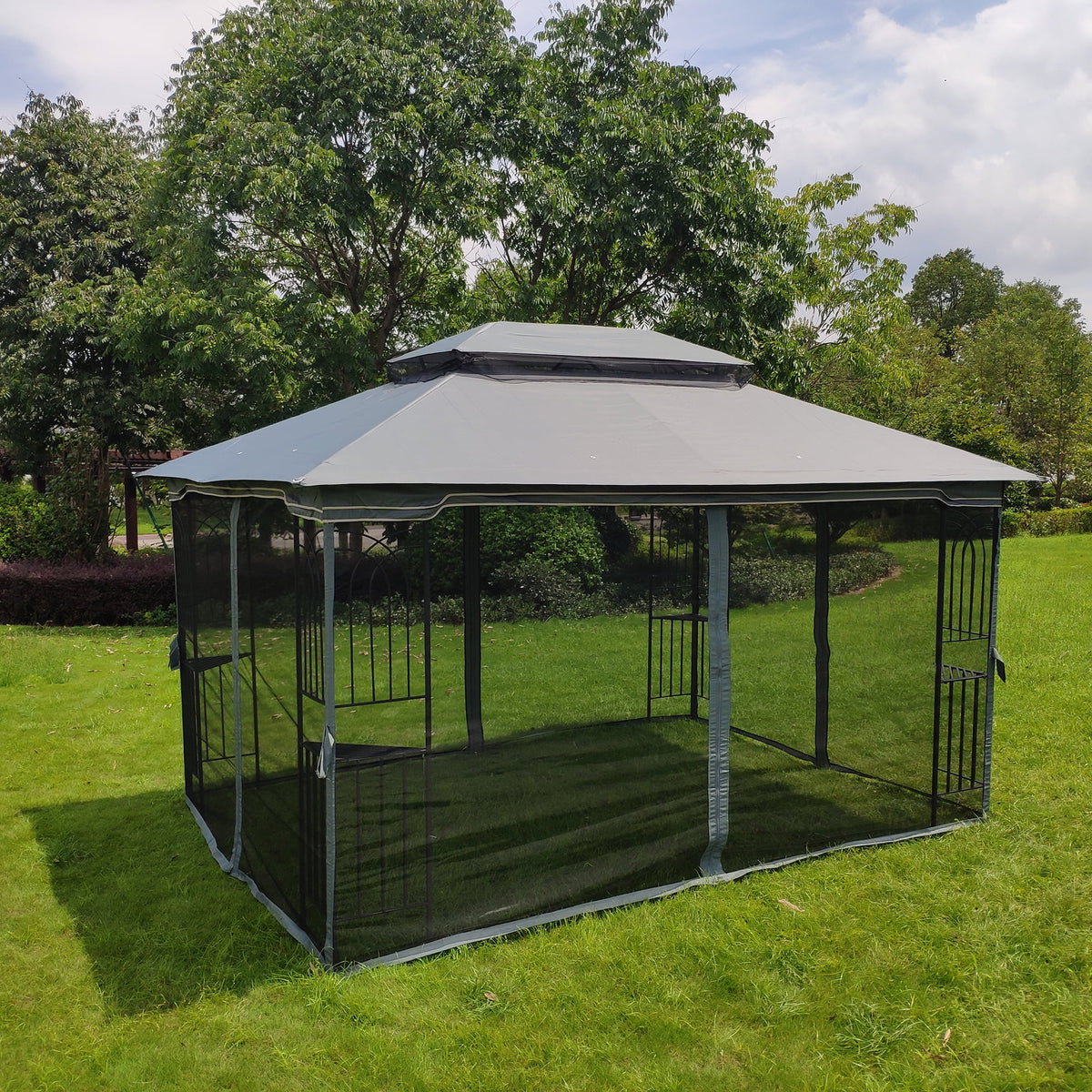 Gray Outdoor Patio Gazebo Canopy Tent with Ventilated Double Roof and Mosquito Net Q1215