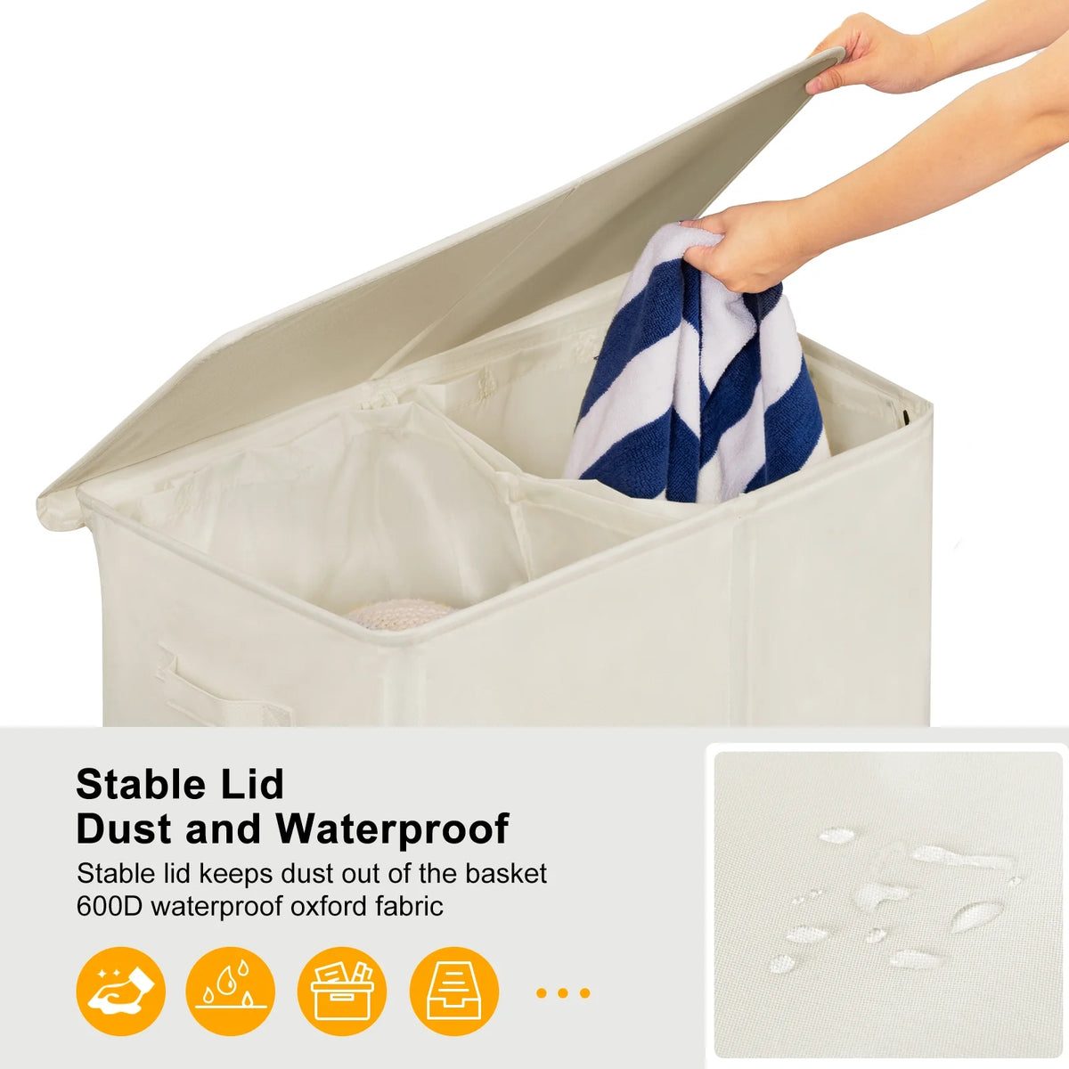 Beige Double Laundry Hamper with Lid and 2 Removable Liner Bags H51593