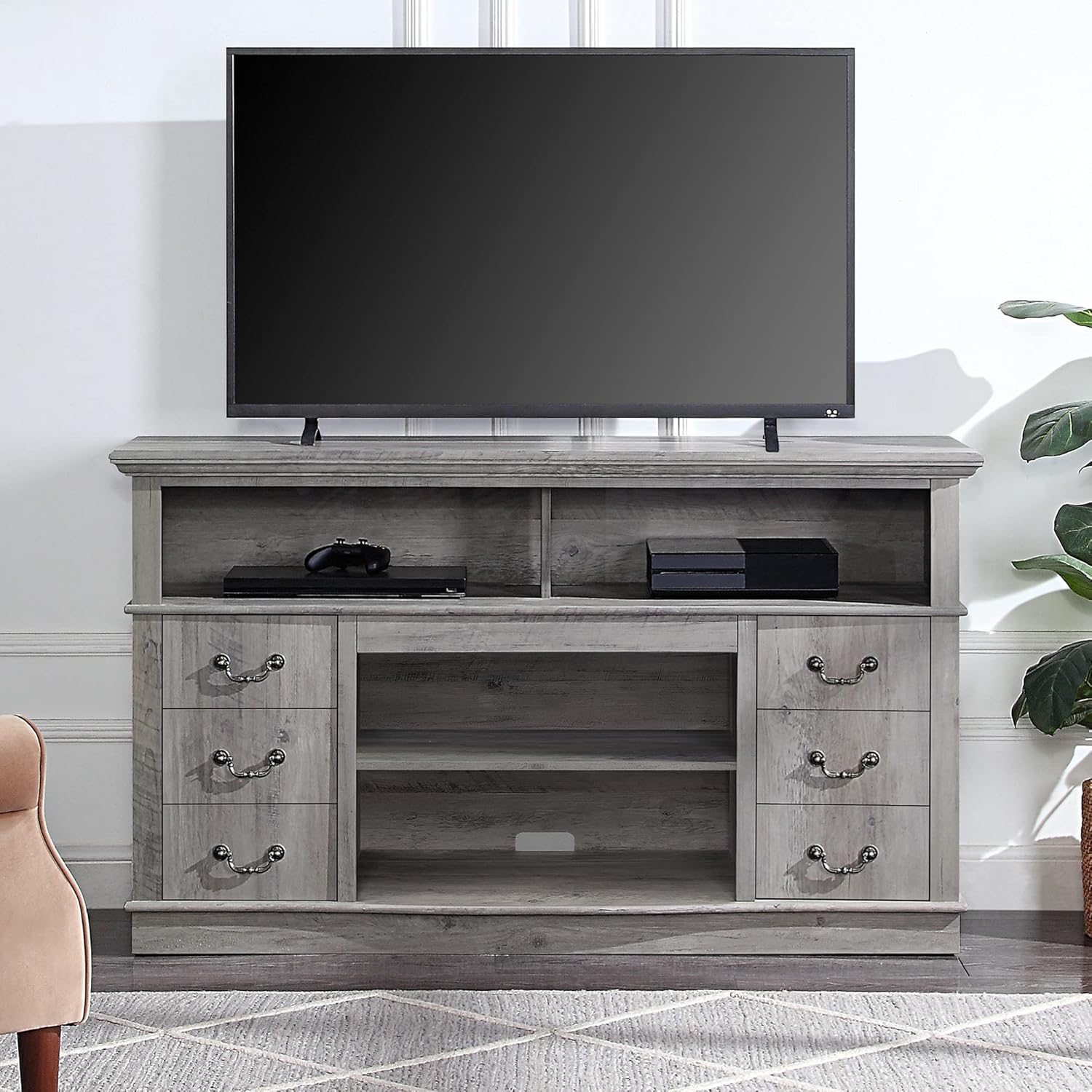 Modern Farmhouse Electric Fireplace TV Stand with Open Storage Shelves & Cabinets U4414