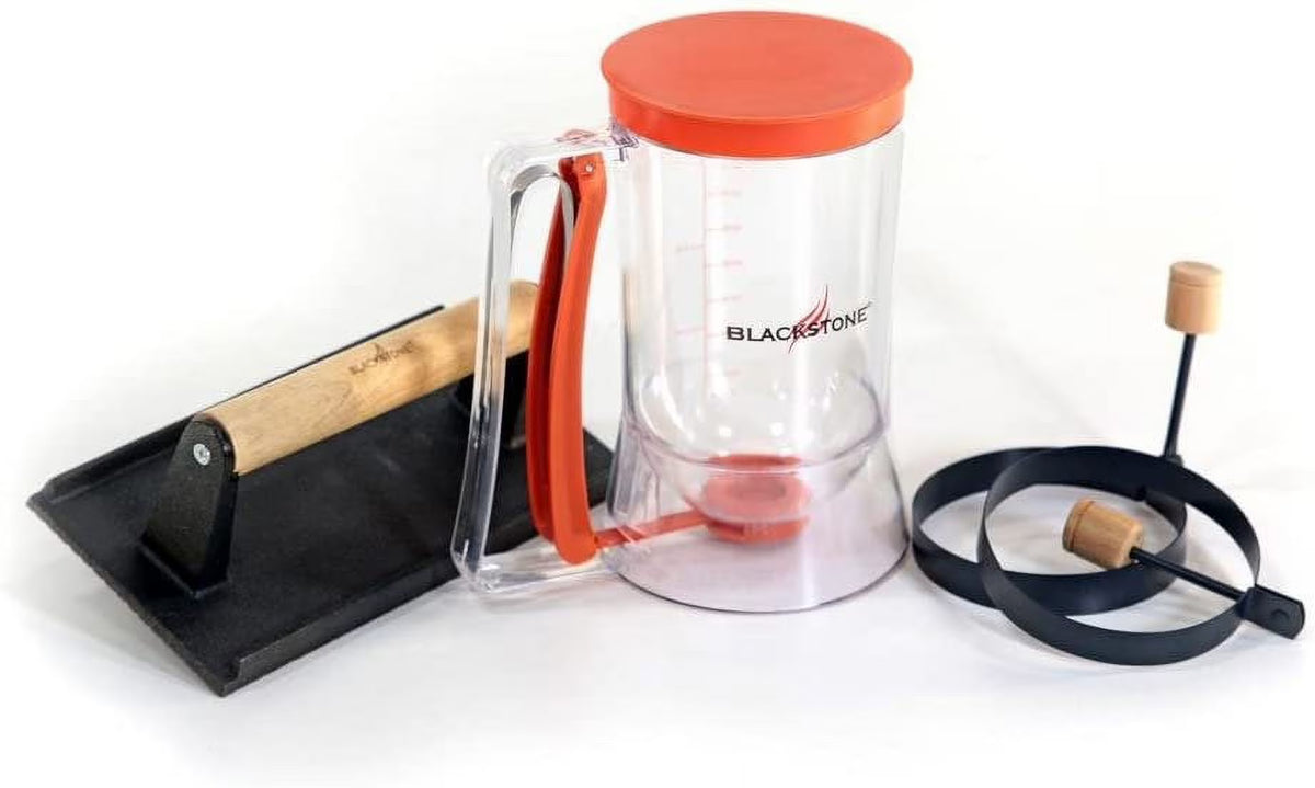 4 Piece Griddle Breakfast Kit with Batter Dispenser, Bacon Press, Egg Rings Y6795