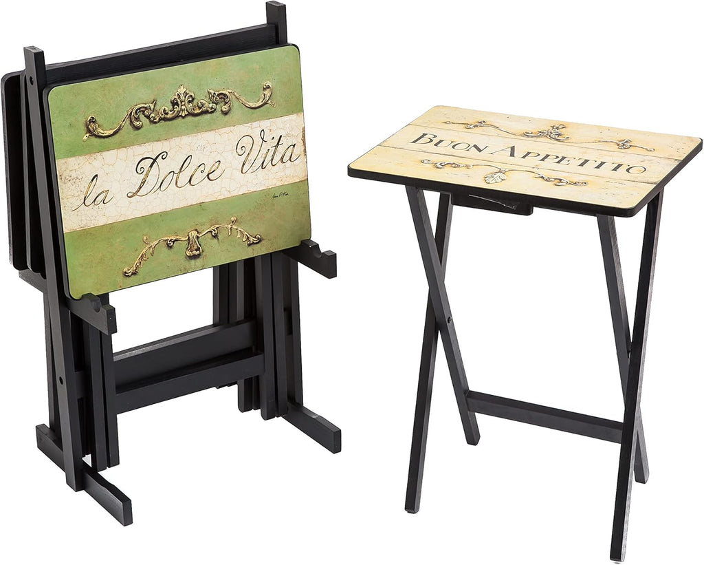 Wine Label TV Dinner Folding Trays with Storage Rack Set of 4 Z659