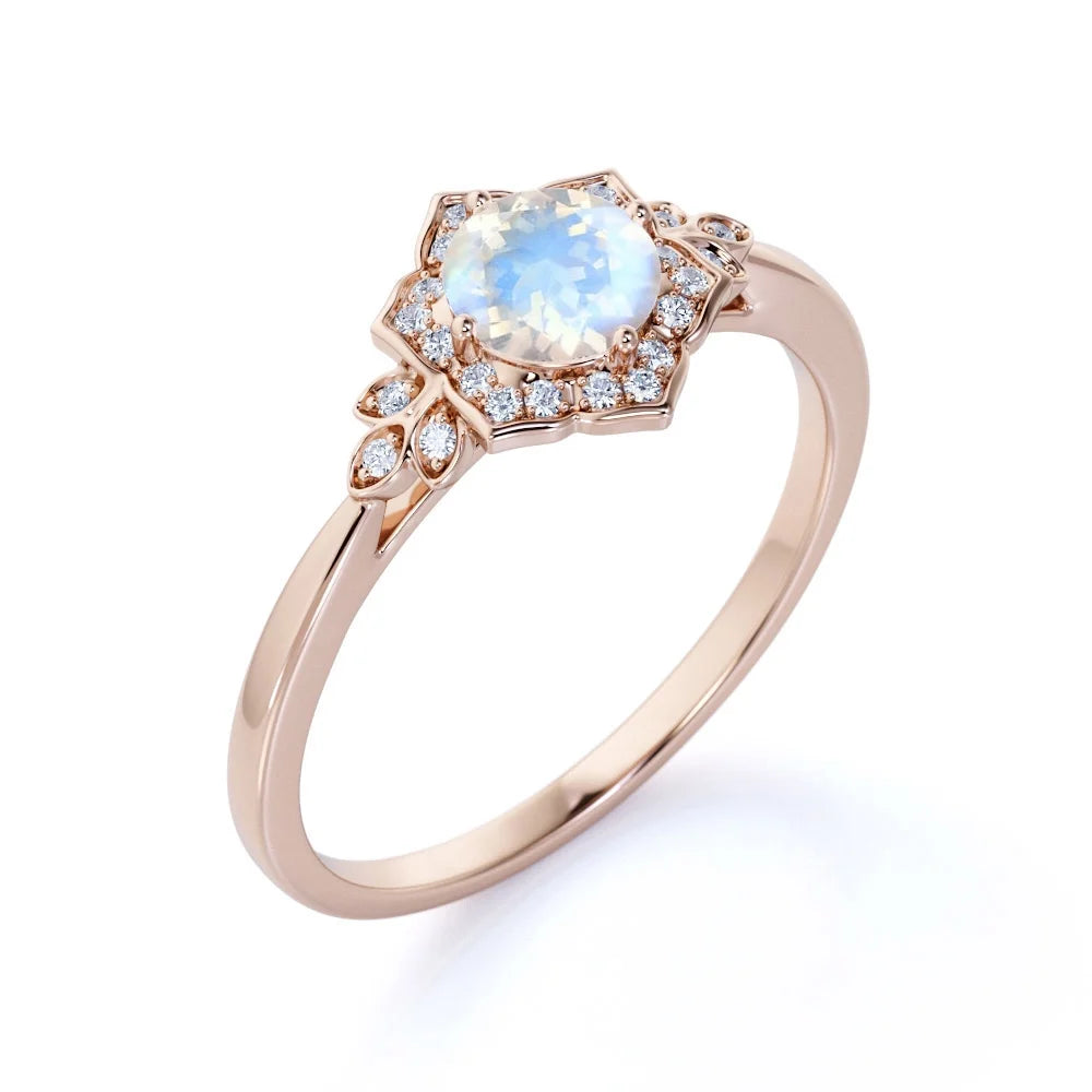 18k Rose Gold over Silver Blue Moonstone and Moissanite Engagement Ring I506586