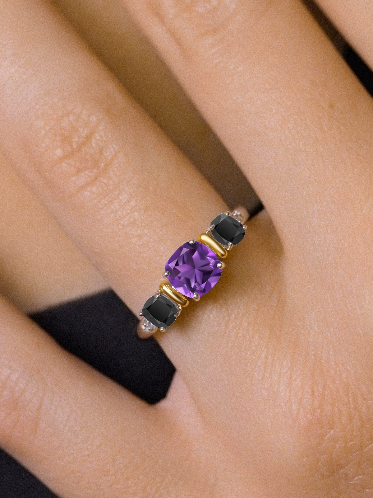 925 Sterling Silver 10K Yellow Gold Purple Amethyst Black Onyx 3 Stone Engagement Ring G926