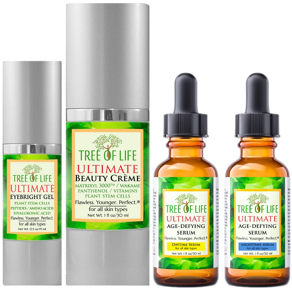 Facial Skincare Regimen with Daytime Glow Serum, Nightime Renew Serum, Moisturizing Face Cream, and Eyebright Eye Gel U3168