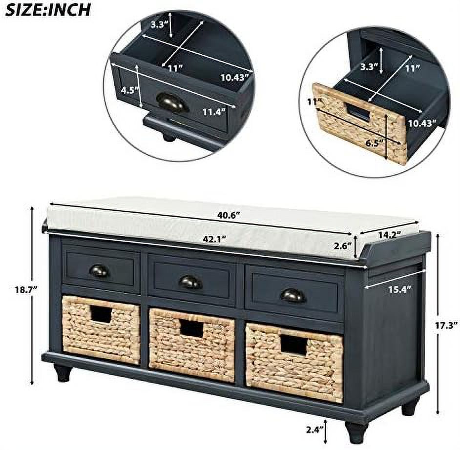 Rustic Bench with 3 Drawers and 3 Rattan Baskets Shoe Bench with Removable Cushion (White) C740