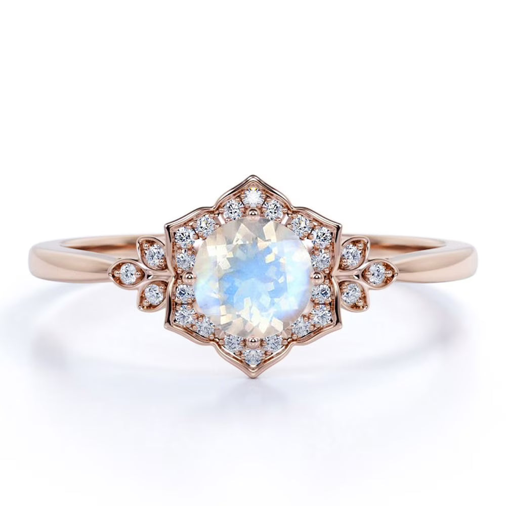 18k Rose Gold over Silver Blue Moonstone and Moissanite Engagement Ring I506586