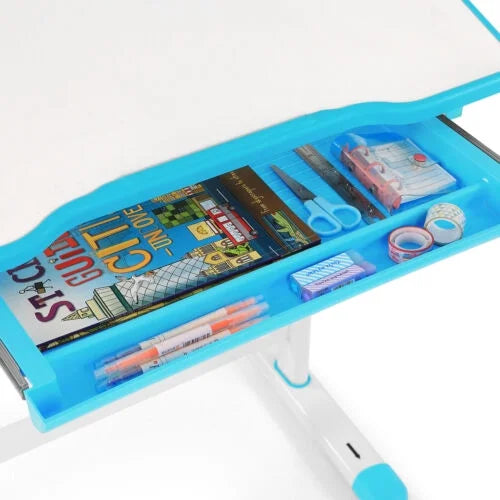 Blue Height Adjustable Kids Study Desk & Chair Set with LED Lamp, Drawer, Bookstand, Chair Cover K52806