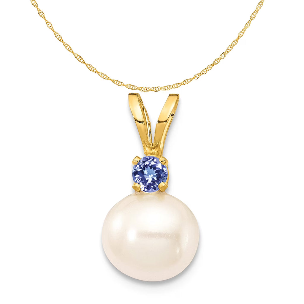 14K Yellow Gold Fresh-Water-Cultured Pearl Tanzanite Pendant Charm with Rope Chain Necklace 16'' G908385