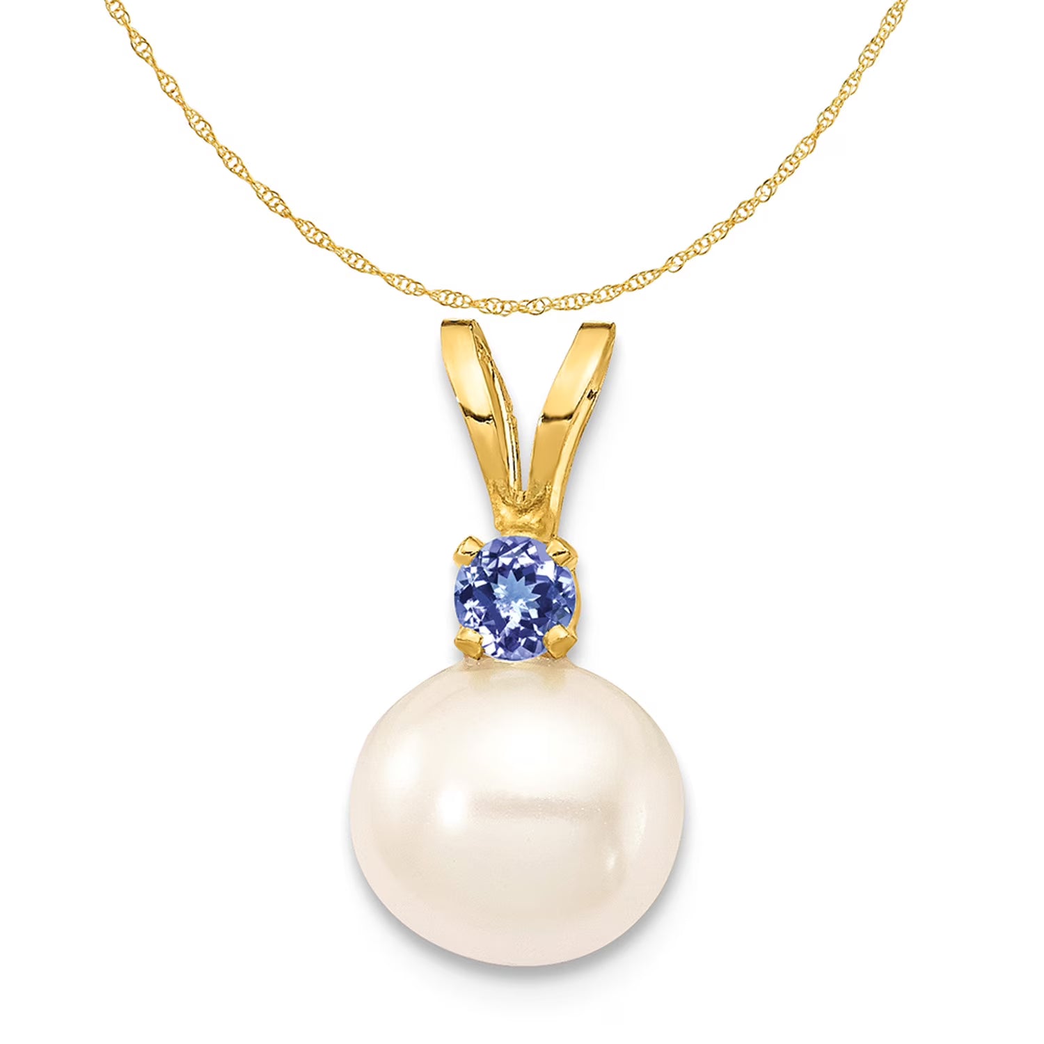 14K Yellow Gold Fresh-Water-Cultured Pearl Tanzanite Pendant Charm with Rope Chain Necklace 16'' G908385