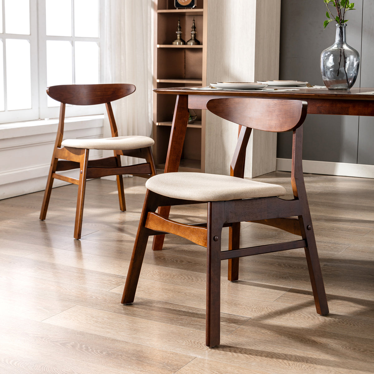 Beige Solid Wood Upholstered Dining Side Chair Set of 2 M17764