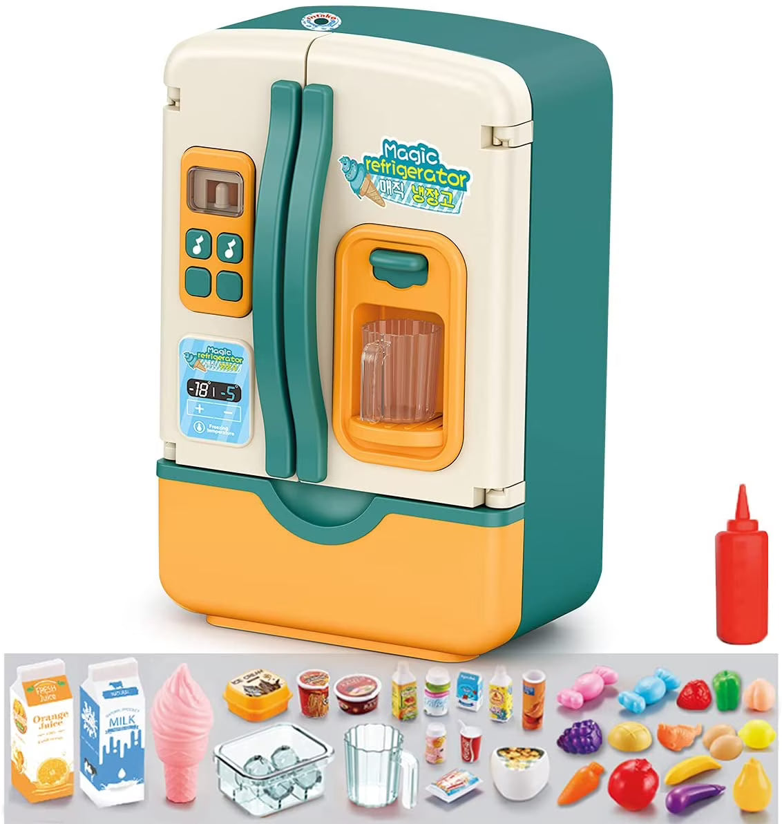 Kids Kitchen Toys Fridge Refrigerator Play Kitchen Set with Accessories Music and Light D541