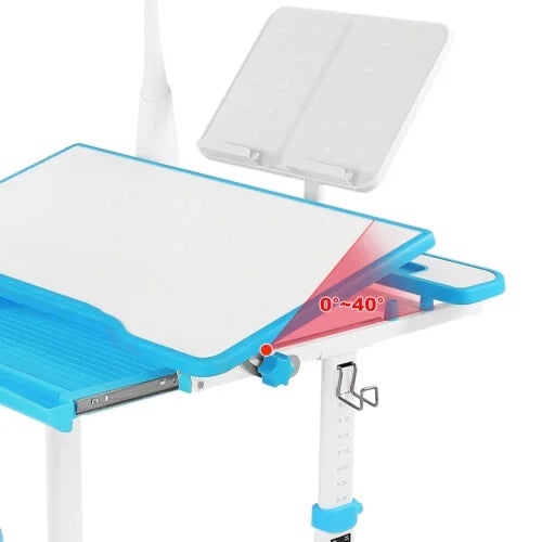 Blue Height Adjustable Kids Study Desk & Chair Set with LED Lamp, Drawer, Bookstand, Chair Cover K52806