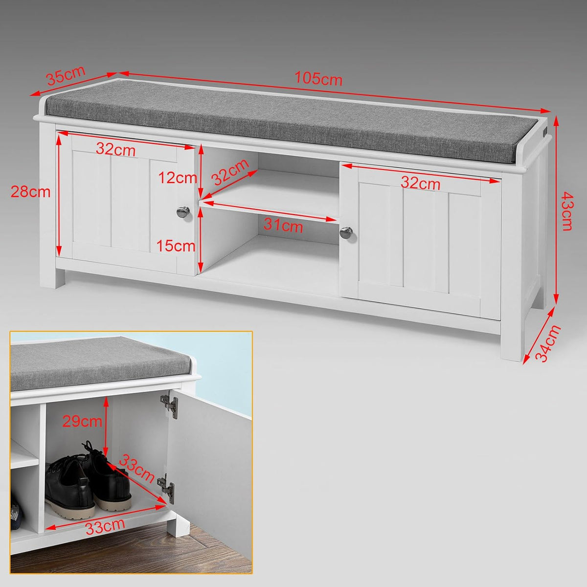 White Shoe Storage Bench with 2 Doors and Removable Seat Cushion B584243