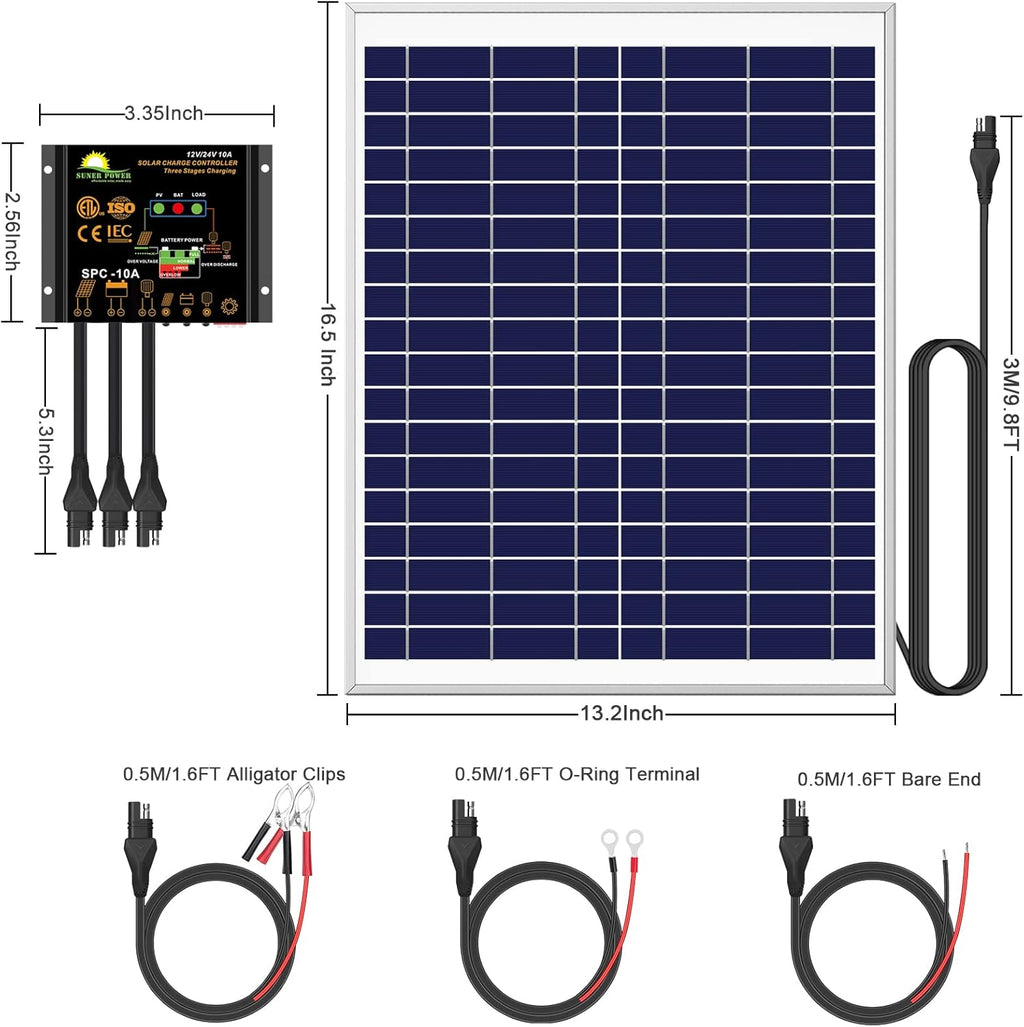 20 Watts Poly Crystalline 12V Solar Panel Kit with 10A Charge Controller and 3-PCS SAE Cable Adapters B60099