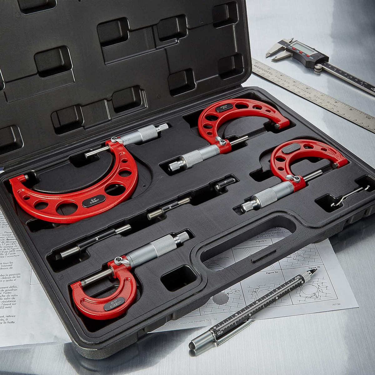 Outside Micrometer Set 0-4 / 0.0001 Precision Machinist Tools w/Carbide Tips, Ratchet Stop N287