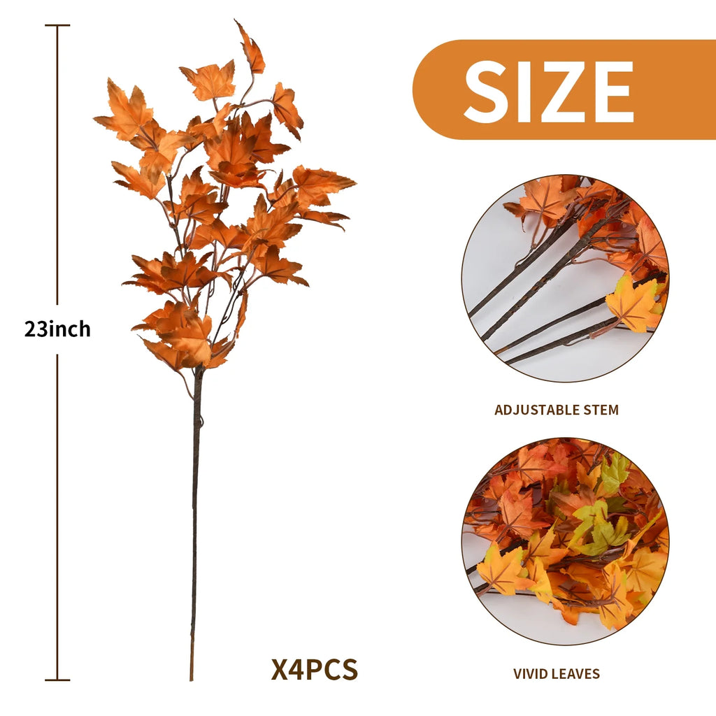 4Pcs Artificial Maple Leaves Branches 23in Orange Y1813