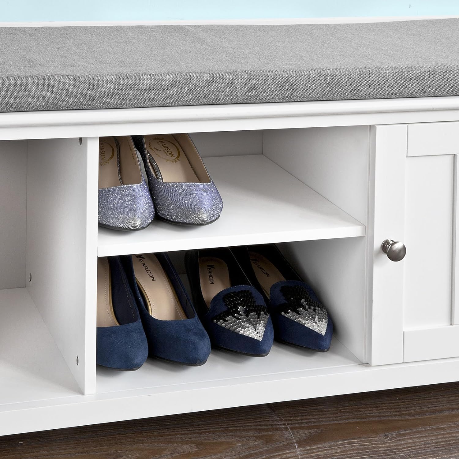 White Shoe Storage Bench with 2 Doors and Removable Seat Cushion B584243