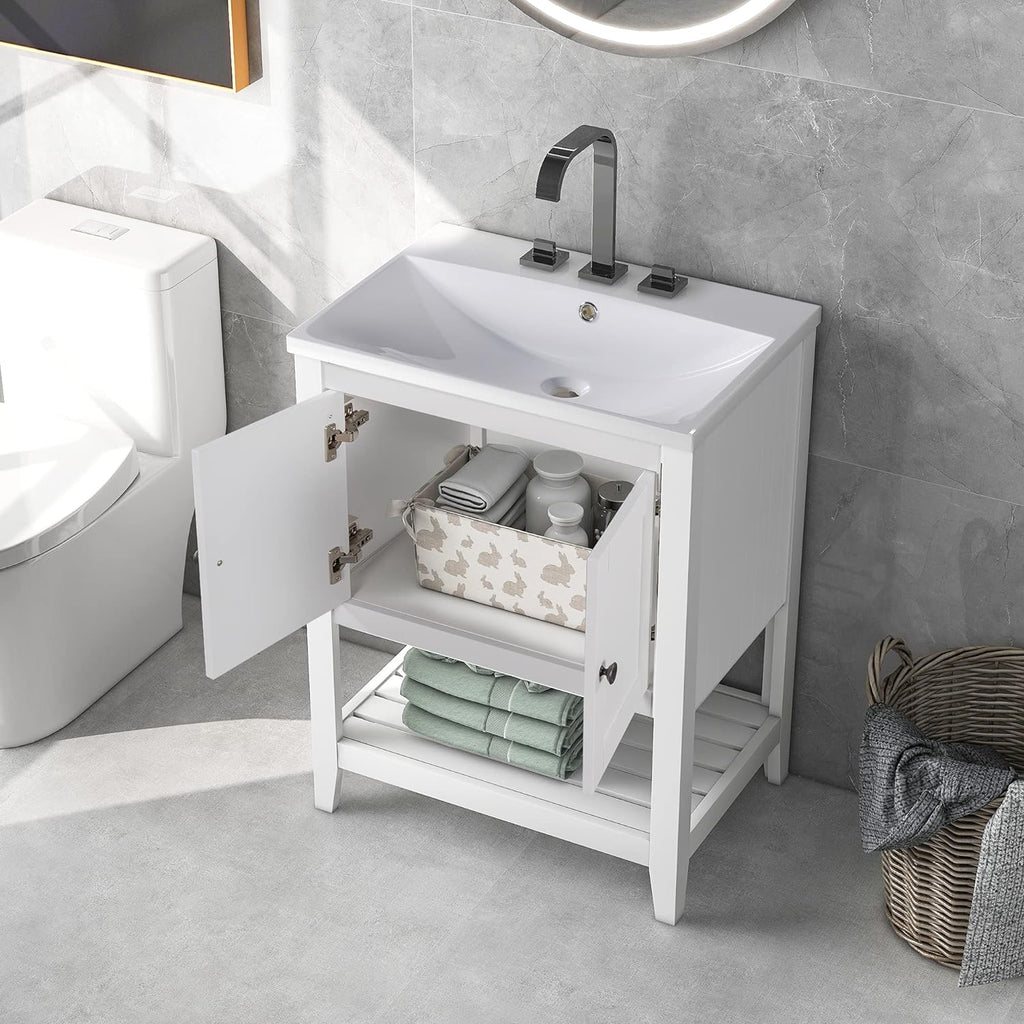 Grey 24 inch Bathroom Vanity Set with Cabinet, Solid Wood Frame, Ceramic Sink A422