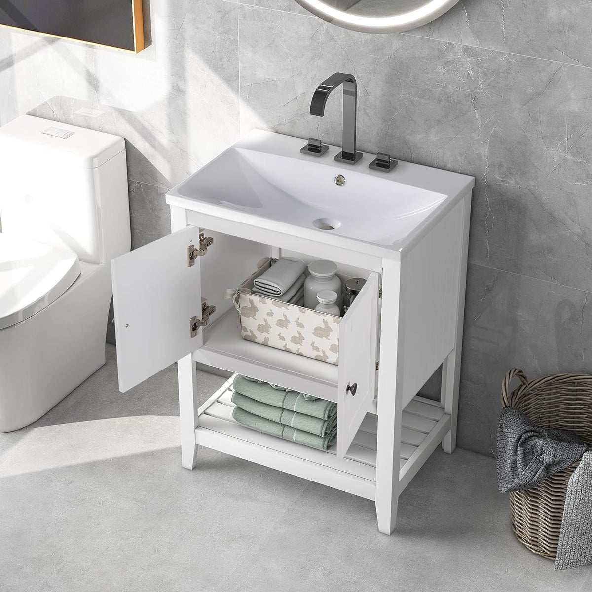Grey 24 inch Bathroom Vanity Set with Cabinet, Solid Wood Frame, Ceramic Sink A422