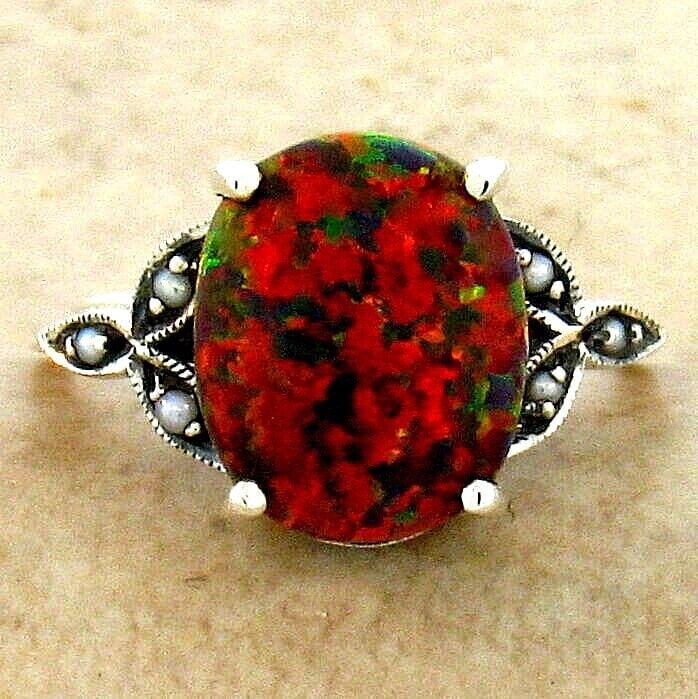 925 Sterling Silver Fire Opal & Pearl Ring Z7295