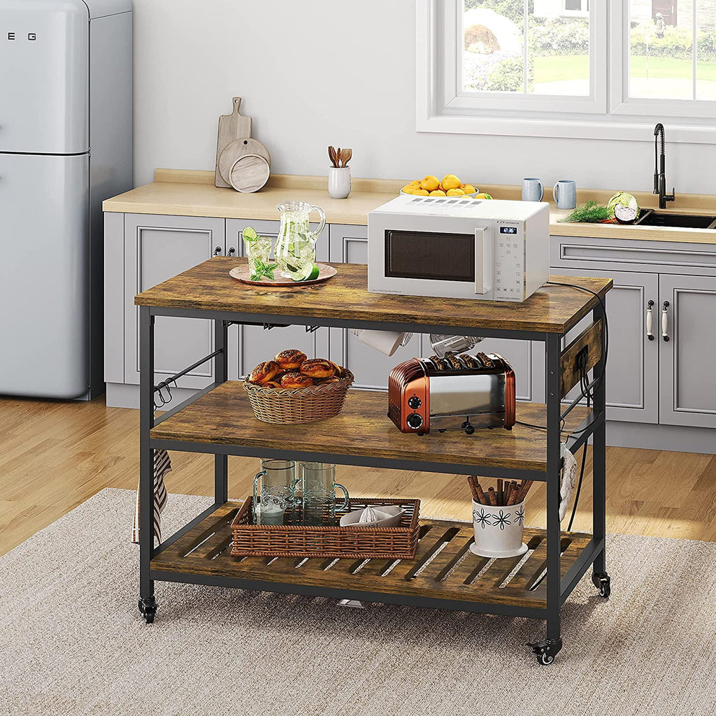 Rustic Brown Rolling Kitchen Cart with Power Outlet V959