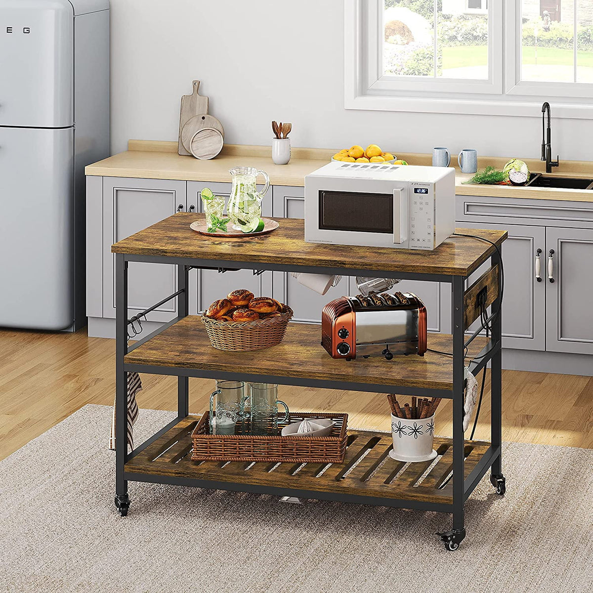 Rustic Brown Rolling Kitchen Cart with Power Outlet V959