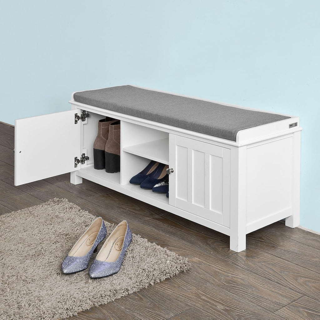White Shoe Storage Bench with 2 Doors and Removable Seat Cushion B584243