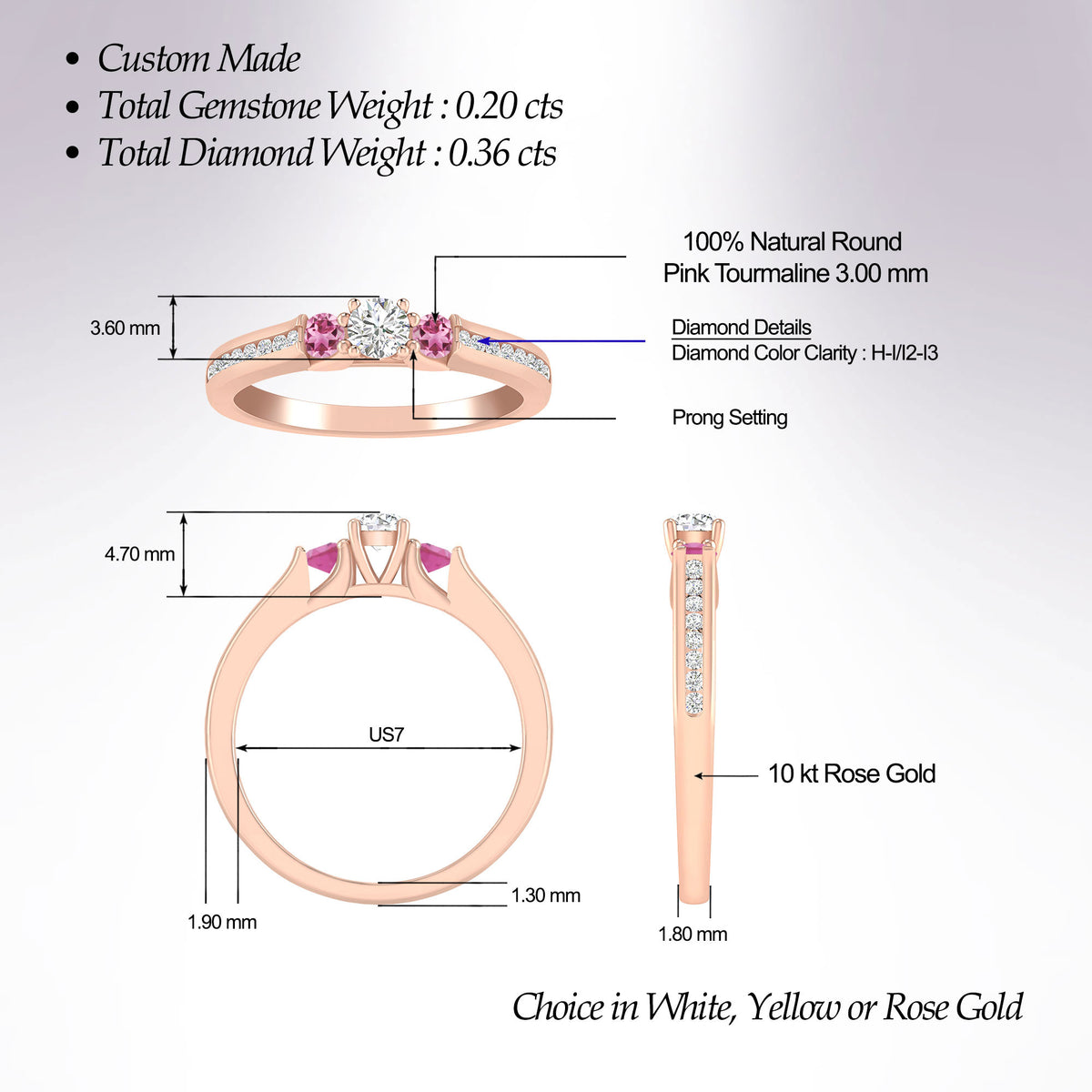 1/2 Carat 10K Rose Gold Diamond and Pink Tourmaline 3 Stone Engagement Ring A55138