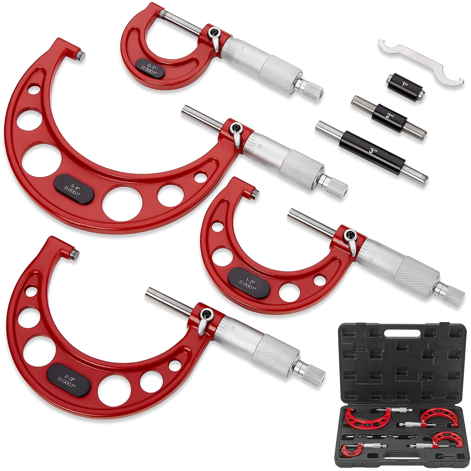 Outside Micrometer Set 0-4 / 0.0001 Precision Machinist Tools w/Carbide Tips, Ratchet Stop N287