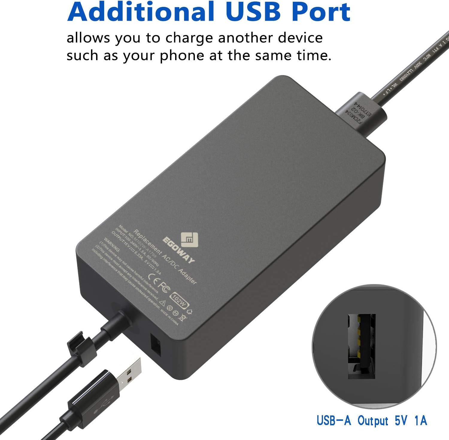 102W 15V 6.33A Power Adapter Charger with Additional USB Port and 6ft Power Cord Pack of 2 T826029