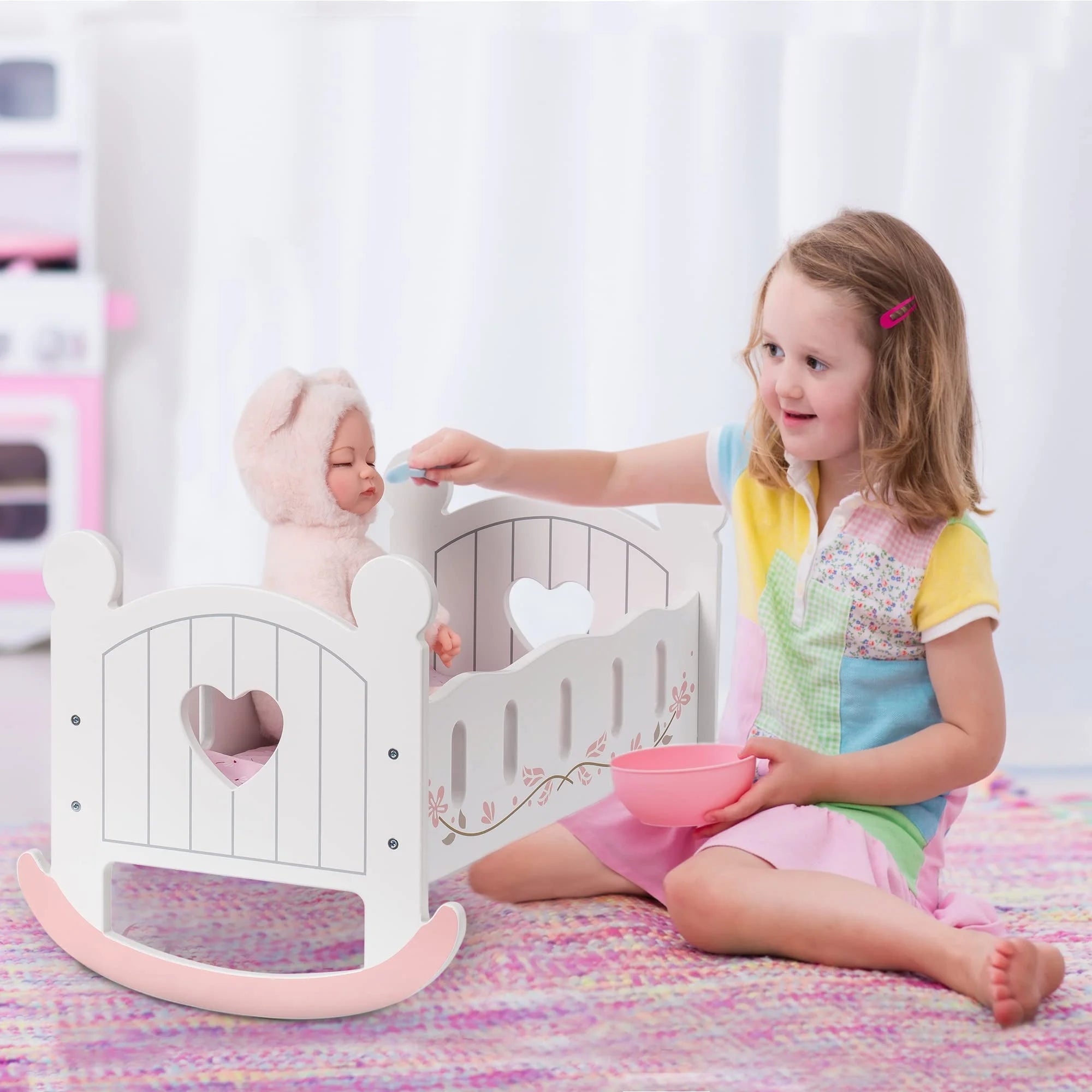 White Wooden Doll Cradle Rocking Doll Bed Q316318