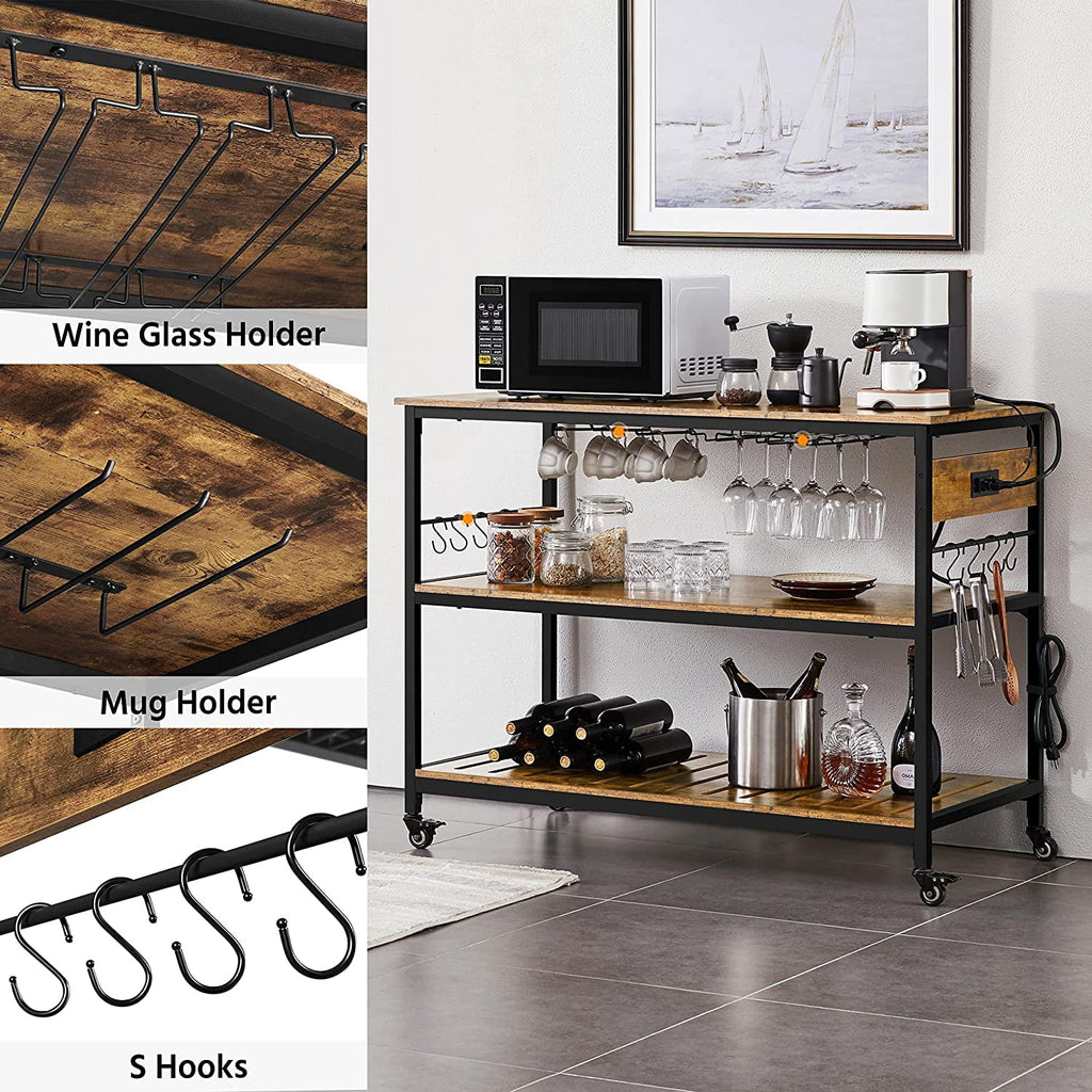 Rustic Brown Rolling Kitchen Cart with Power Outlet V959