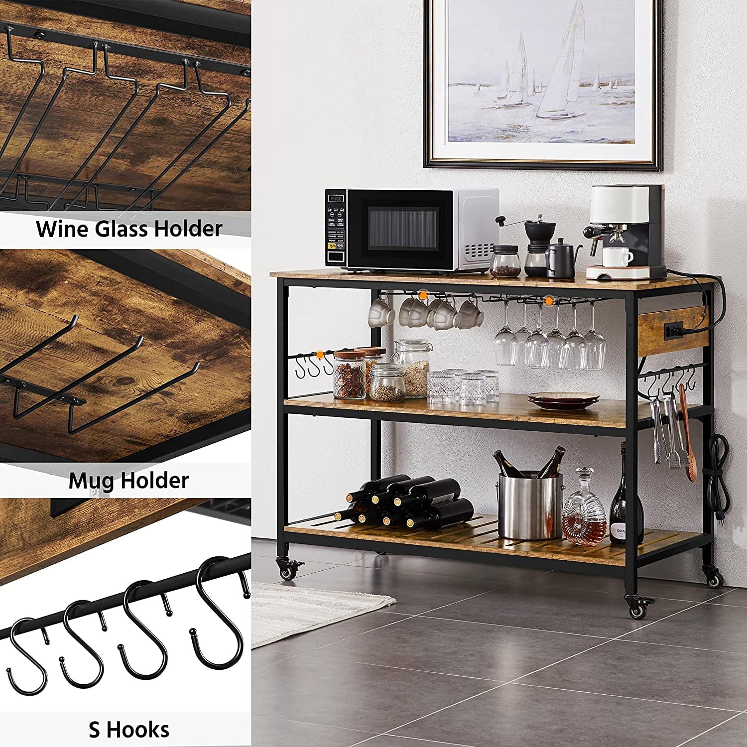 Rustic Brown Rolling Kitchen Cart with Power Outlet V959