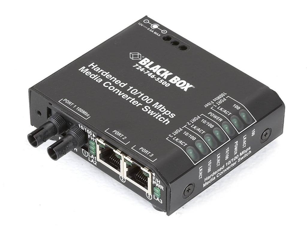 Black Box Hardened Media Converter Switch 12-VDC - RJ-45 to ST Multi-Mode Fiber Media Converter - 100 Mbps I96826