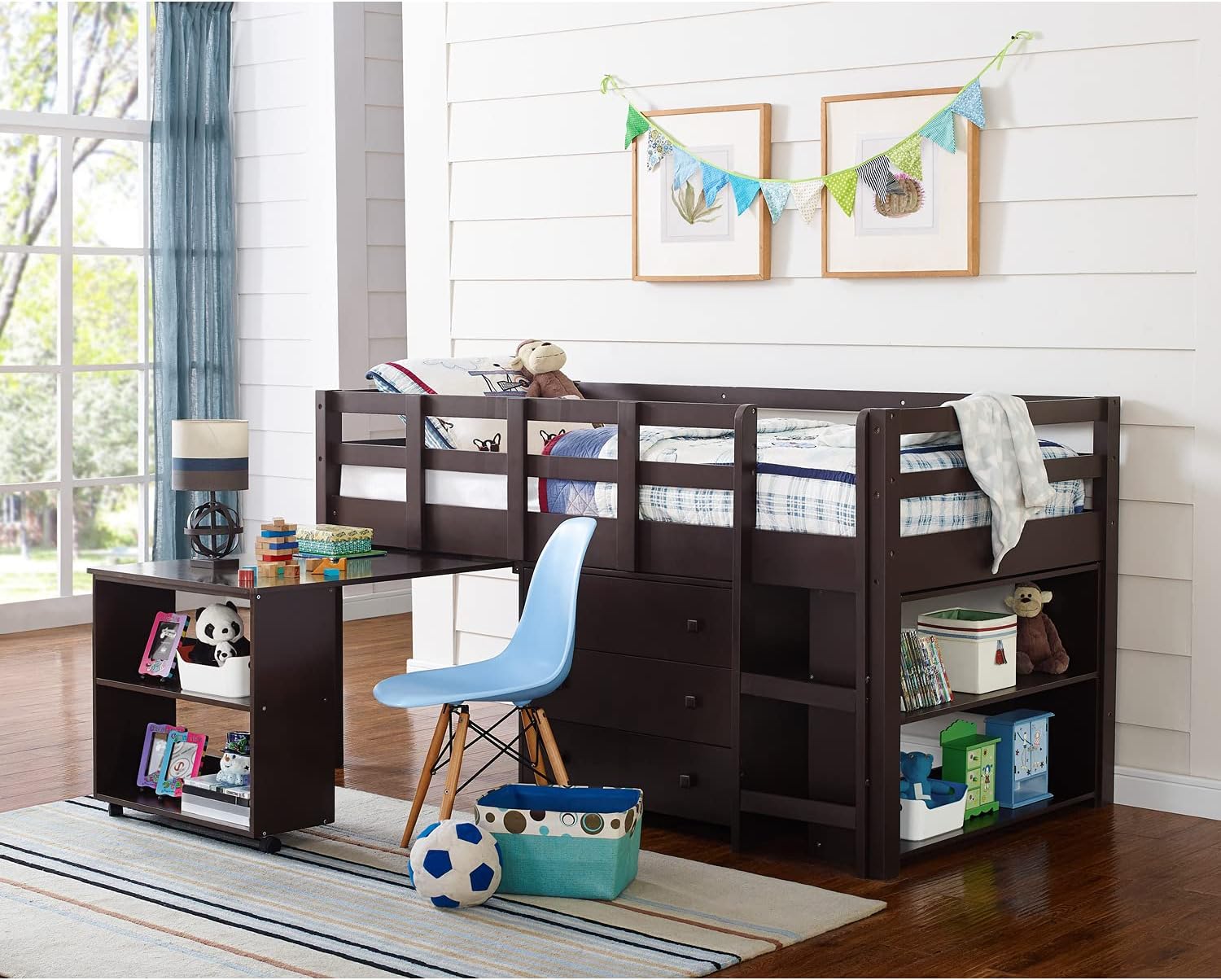 Twin Espresso Low Loft Bunk Bed with Ladder and Storage Desk Shelf Bookcase S2873